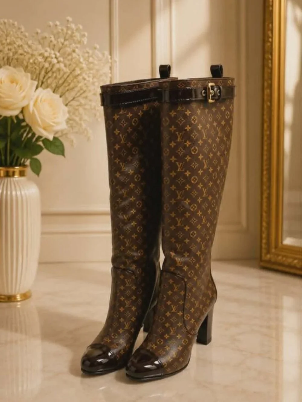 Authentic Louis Vuitton Monogram Silhouette Knee High Boots Brown Patent Leather